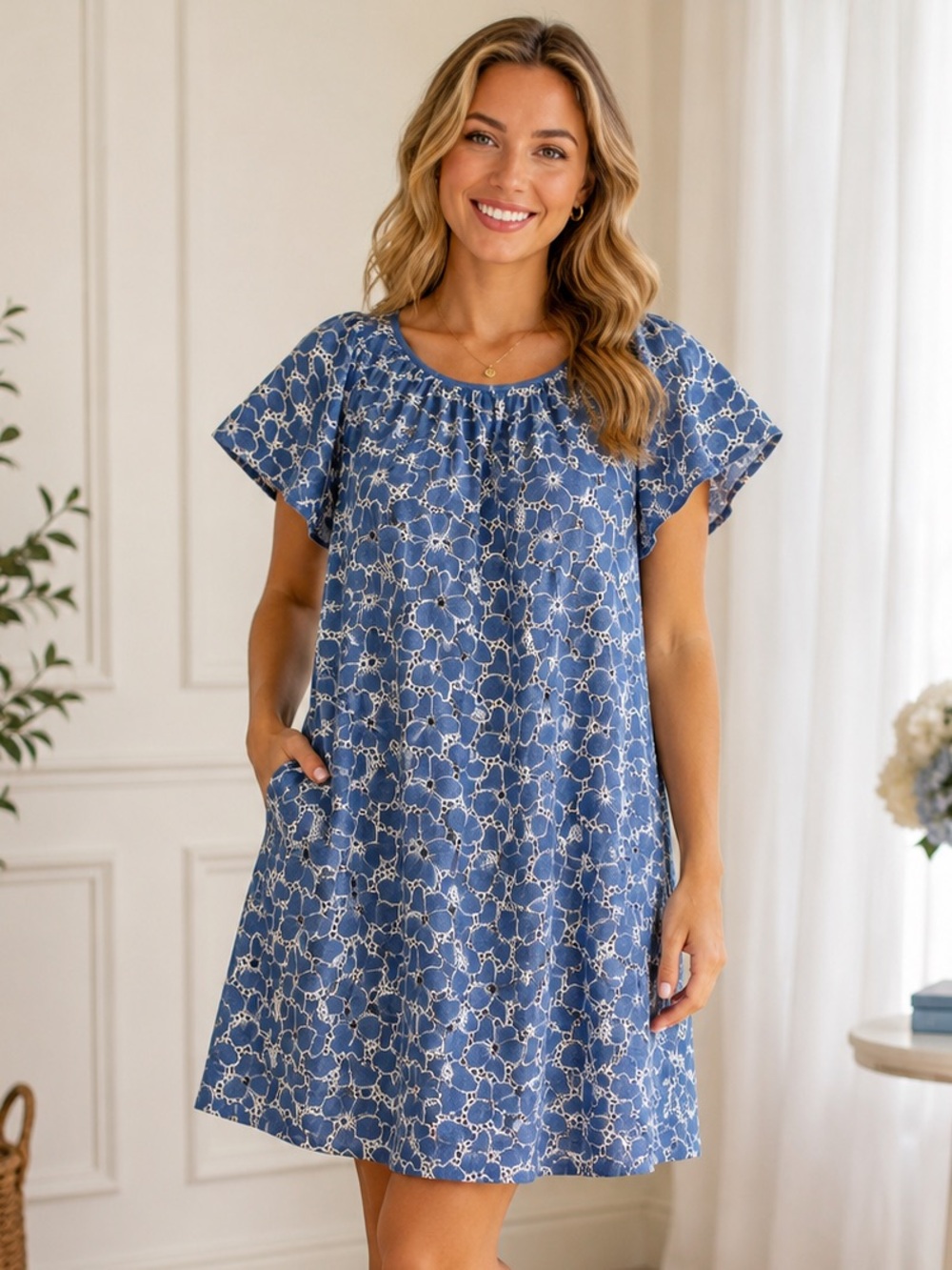 Draper James Women’s Large Blue Floral Eyelet Embroidered Cotton Dress